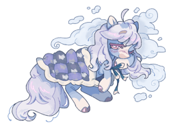 Size: 1740x1371 | Tagged: safe, artist:onionpwder, oc, oc only, oc:cottontail clouds, earth pony, pony, ahoge, alternate versions at source, blanket, blue coat, blue eyeshadow, blush lines, blush scribble, blushing, cloud, cloven hooves, coat markings, colored eyebrows, colored eyelashes, colored hooves, colored pinnae, commission, earth pony oc, eyebrows, eyebrows visible through hair, eyelashes, eyeshadow, facial markings, female, female oc, hooves, lidded eyes, long mane, long tail, looking back, lying down, makeup, mare, mare oc, on side, one eye closed, outline, pink eyes, purple eyelashes, purple hooves, quilt, ribbon, shiny mane, shiny tail, simple background, smiling, snip (coat marking), socks (coat markings), tail, three quarter view, transparent background, white mane, white pupils, white tail