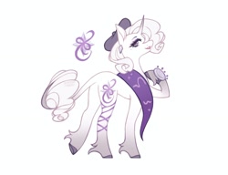 Size: 1620x1246 | Tagged: safe, artist:anemonaii, part of a set, rarity, pony, unicorn, g4, alternate design, alternate eye color, alternate mane color, alternate tail color, alternate tailstyle, beauty mark, beret, cascading cutie mark, clothes, colored eyebrows, colored hooves, colored pupils, curved horn, ear piercing, earring, eyelashes, eyeshadow, female, fetlock tuft, gradient horn, gradient legs, gradient tail, hat, hoof on chest, hooves, horn, jewelry, leonine tail, lipstick, looking back, makeup, mare, piercing, pincushion, purple eyes, purple eyeshadow, purple hooves, raised leg, red lipstick, red pupils, redesign, scarf, signature, simple background, smiling, solo, tail, thin tail, underhoof, unicorn horn, white background, white coat, white mane, white tail