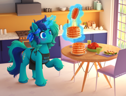 Size: 3081x2351 | Tagged: safe, artist:moetempura, oc, oc only, oc:rocky blues, pony, unicorn, apron, bandana, blushing, breakfast, chair, clothes, commissioner:rockatdusk, counter, cup, food, fruit, horn, kitchen, magic, magic aura, male, omelette, pancakes, solo, stallion, stallion oc, stove, syrup, table, unicorn oc, window