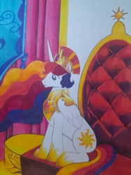 Size: 1536x2048 | Tagged: safe, artist:maximil51083715, princess celestia, alicorn, pony, g4, armor, castle, crown, ethereal mane, jewelry, male, regalia, rule 63, solo, throne room, traditional art