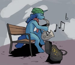 Size: 1293x1125 | Tagged: safe, artist:double-zr-tap, oc, oc only, oc:rocky blues, pony, unicorn, beanie, bench, bits, case, clothes, commissioner:legionofblues, hat, horn, male, music notes, musical instrument, performance, playing instrument, saxophone, scarf, sitting, stallion, stallion oc, unicorn oc