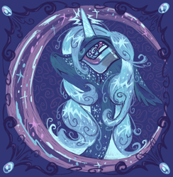 Size: 1224x1254 | Tagged: safe, artist:peaceandlove26, princess luna, alicorn, pony, g4, :<, alternate design, alternate mane color, big eyes, blue coat, blue mane, blue sclera, bust, colored horn, colored sclera, crescent moon, crying, ear fluff, ear freckles, ethereal mane, female, filigree, floppy ears, freckles, frown, glowing, glowing horn, horn, limited palette, long mane, long neck, looking up, magic, mare, moon, neck freckles, portrait, profile, shiny eyes, shiny horn, shiny mane, small horn, solo, sparkles, sparkly eyes, star freckles, starry mane, unicorn horn, wingding eyes