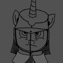 Size: 962x962 | Tagged: safe, artist:1611volk, oc, oc only, oc:redwald roundhead, pony, unicorn, g4, 1600s, 17th century, armor, bust, clothes, england, english civil war, helmet, horn, lineart, male, monochrome, oliver cromwell, royal guard, simple background, solo, stallion, unamused