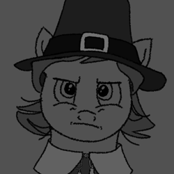 Size: 962x962 | Tagged: safe, alternate version, artist:1611volk, oc, oc only, oc:redwald roundhead, pony, g4, 1600s, 17th century, bust, clothes, hat, lineart, magic, male, monochrome, oliver cromwell, pilgrim hat, pilgrim outfit, puritan, simple background, solo, stallion, unamused