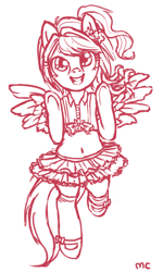 Size: 524x874 | Tagged: artist needed, safe, semi-anthro, 2014, anime style, clothes, drawthread, dress, female, lineart, looking at you, monochrome, pegasus wings, ponytail, signature, simple background, solo, wings