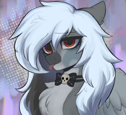 Size: 2200x2000 | Tagged: safe, artist:alunedoodle, oc, oc only, oc:hush whisper, pegasus, pony, abstract background, bust, chest fluff, choker, eyelashes, female, jewelry, long hair, necklace, portrait, solo, tongue out, wings