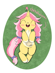 Size: 1790x2349 | Tagged: safe, artist:bobblygobbly, oc, oc:crafty circles, belly, bellyrubs, blushing, eyes closed, female, filly, foal, grass, lying down, on back, smiling, text