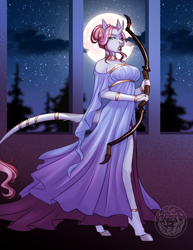 Size: 2550x3300 | Tagged: safe, artist:askbubblelee, oc, oc only, oc:rosie quartz, unicorn, anthro, unguligrade anthro, anthro oc, bow (weapon), clothes, digital art, dress, female, full moon, horn, jewelry, leonine tail, lipstick, mare, moon, night, side slit, solo, starry night, stars, tail, unicorn oc