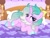 Size: 1611x1220 | Tagged: safe, artist:cstrawberrymilk, oc, oc only, oc:sweet dreams, pony, unicorn, base used, bed, blanket, blue eyes, blue hooves, blue mane, blue tail, colored hooves, commission, eyelashes, female, female oc, hooves, horn, indoors, lidded eyes, looking away, lying down, mare, mare oc, on bed, pink coat, prone, screencap background, shiny hooves, show accurate, solo, tail, three quarter view, three toned mane, three toned tail, turned head, unicorn horn, unicorn oc, ych result