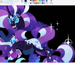 Size: 1111x948 | Tagged: safe, artist:rotten_hyena, nightmare rarity, pony, unicorn, g4, art program in frame, black background, fangs, female, grin, horn, mare, ms paint, ms paint masterpiece, rearing, simple background, smiling, solo, underhoof, wip