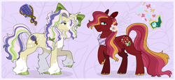 Size: 6306x2892 | Tagged: safe, artist:blazenly-obvious, oc, oc only, earth pony, pony, unicorn, absurd resolution, bandana, blaze (coat marking), bow, coat markings, colored chest fluff, colored hooves, duo, earth pony oc, facial markings, flower, flower in hair, freckles, hair bow, half-siblings, hock fluff, hooves, horn, leg fluff, looking at you, offspring, parent:applejack, parent:big macintosh, parent:fluttershy, parents:applemac, parents:fluttermac, passepartout, plaid, product of incest, raised hoof, shiny hooves, smiling, smiling at you, socks (coat markings), three toned mane, three toned tail, unicorn oc, unshorn fetlocks, watermark