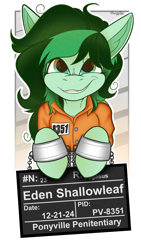 Size: 2160x3840 | Tagged: safe, artist:spoopy-abby, oc, oc only, oc:eden shallowleaf, pegasus, pony, badge, clothes, commissioner:rainbowdash69, con badge, cuffs, jumpsuit, never doubt rainbowdash69's involvement, prison outfit, solo