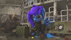 Size: 3840x2160 | Tagged: safe, artist:chacek757, oc, oc only, oc:angley, pegasus, fallout equestria, 3d, bag, bone, clothes, enclave, enclave uniform, frustrated, glasses, laser pistol, pipbuck, radio, saddle bag, screwdriver, skeleton, solo, source filmmaker, uniform, wings