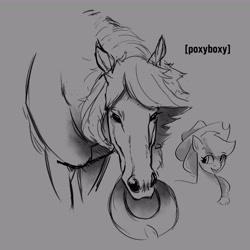 Size: 4096x4096 | Tagged: safe, artist:poxy_boxy, applejack, earth pony, horse, pony, g4, female, gray background, grayscale, horsified, mare, monochrome, mouth hold, signature, simple background, solo