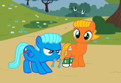 Size: 1158x790 | Tagged: safe, artist:memeartboi, earth pony, pegasus, pony, g4, best friends, bff, brothers, clothes, colt, darwin watterson, determined, determined look, duo, duo male, foal, gumball watterson, horseshoes, male, outdoors, park, pegasus wings, ponified, siblings, socks, standing, the amazing world of gumball, wings