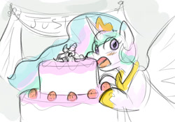 Size: 1315x923 | Tagged: safe, artist:zutcha, princess celestia, alicorn, pony, g4, blushing, cake, cakelestia, caught, female, food, looking at you, mare, open mouth, sketch, solo, spread wings, wedding cake, wings