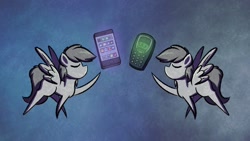 Size: 1920x1080 | Tagged: safe, artist:ashtoneer, pegasus, pony, cellphone, eyes closed, nokia, nokia 3310, phone, pointy ponies, smartphone, spread wings, wings