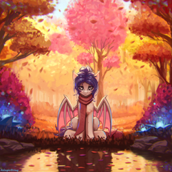 Size: 2000x2000 | Tagged: safe, artist:adagiostring, oc, oc only, bat pony, pony, autumn, bat pony oc, cute, falling leaves, female, forest, forest background, glowing, lake, leaves, looking down, nature, sitting, solo, solo focus, tree, water