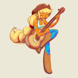 Size: 2048x2048 | Tagged: safe, artist:shadowhawx, applejack, human, equestria girls, g4, acoustic guitar, beige background, boots, cowboy boots, crossed legs, eyebrows, eyebrows visible through hair, eyes closed, female, guitar, musical instrument, open mouth, open smile, shoes, simple background, singing, sitting, smiling, solo