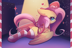 Size: 2600x1750 | Tagged: safe, artist:miryelis, fluttershy, pegasus, pony, g4, bow, butt, christmas, clothes, cute, ear fluff, female, floppy ears, hat, heart, holiday, long hair, lying down, mare, plot, prone, santa hat, smiling, socks, solo, striped socks, underhoof