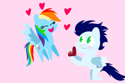 Size: 1935x1285 | Tagged: safe, anonymous artist, derpibooru exclusive, rainbow dash, soarin', pegasus, pony, series:soarindash romantic tales, series:soarindash wedding, g4, blushing, female, flying, happy, jewelry, male, mare, marriage, marriage proposal, pointy ponies, ring, ship:soarindash, shipping, stallion, straight, wedding ring