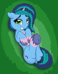 Size: 2210x2812 | Tagged: safe, artist:itchystomach, misty brightdawn, pony, unicorn, g5, awkward smile, butt, curly tail, digital art, dock, featureless crotch, female, freckles, hooves in air, horn, looking at you, lying down, mare, on back, plot, smiling, solo, tail, underhoof, unshorn fetlocks