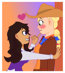 Size: 1200x1350 | Tagged: safe, artist:prixy05, applejack, starlight glimmer, human, g4, applejack's hat, clothes, cowboy hat, duo, duo female, female, hat, humanized, lesbian, ship:glimmerjack, shipping