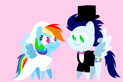 Size: 1935x1285 | Tagged: safe, anonymous artist, derpibooru exclusive, rainbow dash, soarin', pegasus, pony, series:soarindash romantic tales, series:soarindash wedding, g4, blushing, bride, bride dress, clothes, dress, female, groom, implied princess celestia, looking at each other, looking at someone, male, mare, marriage, pointy ponies, ship:soarindash, shipping, smiling, smiling at each other, stallion, straight, tuxedo, wedding