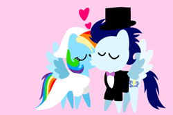 Size: 1935x1285 | Tagged: safe, anonymous artist, derpibooru exclusive, rainbow dash, soarin', pegasus, pony, series:soarindash romantic tales, series:soarindash wedding, g4, bride, clothes, dress, eyes closed, female, groom, kiss on the lips, kissing, male, mare, marriage, married couple, pointy ponies, ship:soarindash, shipping, stallion, straight, tuxedo, wedding, wedding dress