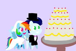 Size: 1935x1285 | Tagged: safe, anonymous artist, derpibooru exclusive, rainbow dash, soarin', pegasus, pony, series:soarindash romantic tales, series:soarindash wedding, g4, cake, clothes, dress, female, food, male, mare, marriage, married couple, pointy ponies, ship:soarindash, shipping, smiling, stallion, straight, tuxedo, wedding, wedding dress