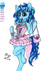 Size: 762x1200 | Tagged: safe, artist:sepiakeys, oc, oc:blue giggles, unicorn, anthro, digitigrade anthro, crossdressing, horn, male, purse, solo, traditional art