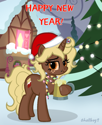 Size: 1043x1280 | Tagged: safe, artist:6hellboy9, oc, oc only, oc:kesha, pony, unicorn, christmas, christmas tree, freckles, garland, happy new year, hat, holiday, horn, piercing, santa hat, tree, unicorn oc, winter