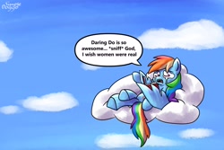 Size: 3000x2000 | Tagged: safe, artist:simpledoggo, rainbow dash, pegasus, pony, g4, book, cloud, crying, female, implied daring do, on a cloud, sitting, sitting on a cloud, solo, speech bubble, text