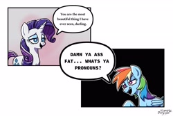 Size: 3000x2000 | Tagged: safe, artist:simpledoggo, rainbow dash, rarity, pegasus, pony, unicorn, g4, duo, female, horn, lesbian, meme, ponified meme, ship:raridash, shipping, speech bubble, text