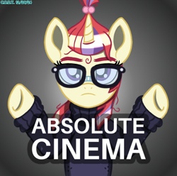 Size: 1472x1462 | Tagged: safe, artist:codenamekid, moondancer, pony, unicorn, g4, my little pony: friendship is magic, caption, clothes, female, glasses, highlights, hooves up, horn, image macro, looking at you, mare, meme, messy mane, ponified meme, shadow, solo, spread hooves, sweater, text