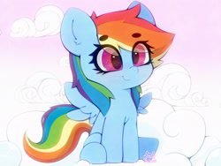 Size: 4000x3000 | Tagged: safe, artist:zokkili, rainbow dash, pegasus, pony, g4, cloud, ear fluff, eye clipping through hair, eyebrows, eyebrows visible through hair, female, high res, on a cloud, sitting, sitting on a cloud, smiling, solo, spread wings, wings