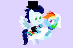 Size: 1935x1285 | Tagged: safe, anonymous artist, derpibooru exclusive, rainbow dash, soarin', pegasus, pony, series:soarindash romantic tales, series:soarindash wedding, g4, bridal carry, bride, carrying, clothes, dress, female, groom, male, mare, marriage, married couple, pointy ponies, ship:soarindash, shipping, stallion, straight, tuxedo, wedding dress