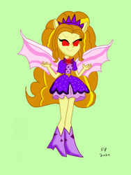 Size: 828x1104 | Tagged: safe, artist:funnypancake, adagio dazzle, human, equestria girls, g4, my little pony equestria girls: rainbow rocks, antagonist, battle of the bands, boots, clothes, curly hair, disguise, disguised siren, dress, evil, evil smile, gem, green background, headband, jewelry, necklace, orange hair, purple dress, red eyes, shoes, simple background, singing, siren gem, smiling, spikes, wings