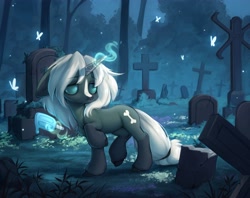 Size: 3700x2937 | Tagged: safe, artist:avroras_world, oc, oc:tenderness, pony, undead, unicorn, zombie, zombie pony, food, glowing, glowing horn, gravestone, graveyard, horn, ice cream, melting, popsicle