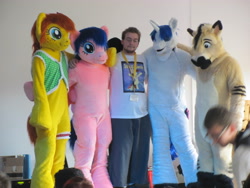 Size: 3648x2736 | Tagged: safe, artist:atalonthedeer, firefly, shining armor, oc, oc:canni soda, human, galacon, g1, g4, 2012, furry, furry oc, fursuit, group, indoors, irl, irl human, photo, ponysuit, quintet, stage