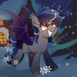 Size: 2000x2000 | Tagged: safe, artist:scarffist, derpibooru exclusive, oc, oc only, oc:echo, bat pony, pony, base used, bat ears, bat eyes, bat pony oc, bat wings, christmas, christmas tree, cute, evening, fangs, female, gritted teeth, happy, happy new year, holiday, long hair, long mane, long tail, looking up, mare, new year, night, outdoors, smiling, snow, snowfall, snowflake, solo, tail, teeth, tree, walking, wings, winter, yellow eyes