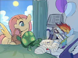 Size: 3334x2500 | Tagged: safe, artist:piesinful, fluttershy, rainbow dash, tank, pegasus, pony, tortoise, comic:unlucky day, fanfic:cupcakes, g4, balloon, bandage, bandaged chest, bandaged leg, bandaged neck, basket, bed, day, eyes closed, female, high res, hospital, hospital bed, indoors, injured, looking at someone, looking sideways, mare, mouth hold, no pupils, spread wings, trio, ventilator, window, wings