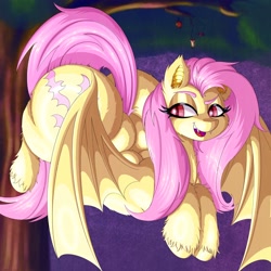 Size: 3000x3000 | Tagged: safe, artist:boneappleteeth, fluttershy, bat pony, pegasus, g4, apple, back, bat ponified, butt, ear fluff, fangs, female, fluffy, flutterbat, flutterbutt, flying, food, large butt, mare, night, open mouth, outdoors, plot, race swap, solo, unshorn fetlocks