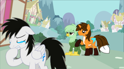 Size: 800x447 | Tagged: safe, artist:punkieprimeape1, oc, oc only, oc:ej, oc:gregory griffin, oc:shane park, alicorn, griffon, pegasus, pony, g4, alicorn oc, crying, gay, horn, male, outdoors, pegasus oc, sad, trio, wings