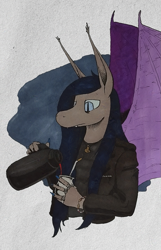 Size: 825x1280 | Tagged: safe, artist:darkhestur, oc, oc:dark, bat pony, pony, undead, vampire, vampony, anthro, abstract background, anthro oc, bat pony oc, bracelet, clothes, jacket, jewelry, leather, leather jacket, marker drawing, mate, pendant, ring, solo, spread wings, thermos, traditional art, wings