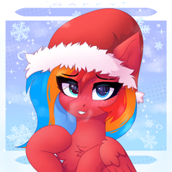 Size: 3300x3300 | Tagged: safe, artist:gaffy, oc, oc only, oc:gaffy, abstract background, blushing, chest fluff, christmas, ear fluff, half, happy new year, hat, holiday, looking at you, santa hat, solo, wings