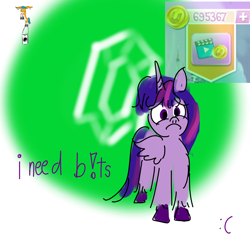 Size: 3200x3200 | Tagged: safe, artist:horsesplease, derpibooru exclusive, gameloft, hitch trailblazer, twilight sparkle, alicorn, g4, g5, 69 (number), bits, flying, sad, sad hitch, twilight sparkle (alicorn), wing ears, wings