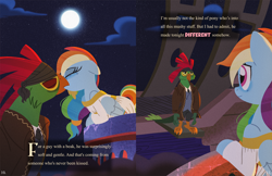 Size: 5100x3300 | Tagged: safe, artist:bearmation, mullet (g4), rainbow dash, pegasus, pony, g4, absurd file size, absurd resolution, alternate hairstyle, clothes, crack shipping, dress, eyes closed, female, full moon, kiss on the lips, kissing, male, mare, moon, outdoors, parrot pirates, pirate, ship:mulletdash, shipping, story included, straight, text, wings