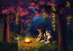 Size: 2138x1500 | Tagged: safe, artist:koviry, oc, oc only, oc:eula phi, oc:vird-gi, cat, pony, unicorn, blue eyes, braid, braided ponytail, braided tail, brown mane, brown tail, campfire, cherry blossoms, chest fluff, colored pinnae, colored underhoof, commission, cream coat, crossed hooves, detailed background, digital painting, duo, duo female, eyelashes, female, fire, floppy ears, flower, flower blossom, forest, glow berries, green eyes, hair tie, horn, lidded eyes, log, long mane, long tail, looking at each other, looking at someone, mane tie, mare, minecarft, minecraft, nature, night, open mouth, open smile, outdoors, ponies sitting like humans, ponytail, profile, sitting, sitting like a human, slender, smiling, smiling at each other, tail, tail tie, thin, three quarter view, tree, underhoof, unicorn horn, unicorn oc, white mane, white tail