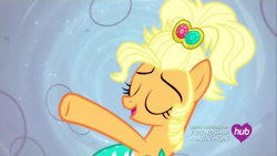 Size: 1280x720 | Tagged: safe, screencap, applejack, earth pony, pony, g4, my little pony: friendship is magic, simple ways, applejewel, female, hub logo, logo, mare, the hub